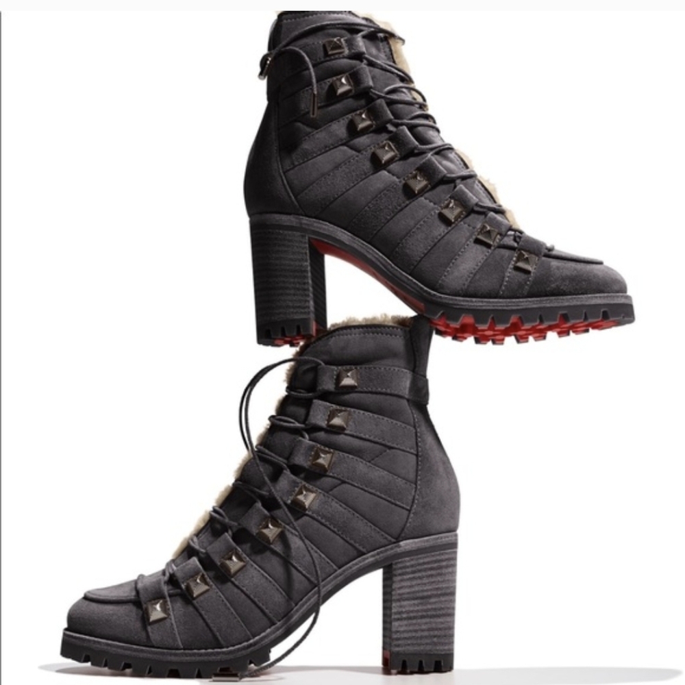 Christian Louboutin | Chaletta Gray Shearling Studded Ankle Boots Fur Lined 39/9